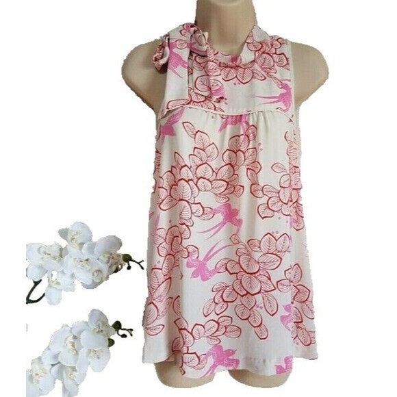 Maeve Womens Sleeveless Top Size 6 White & Pink Floral Bow Mock Neck Blouse - Picture 1 of 8
